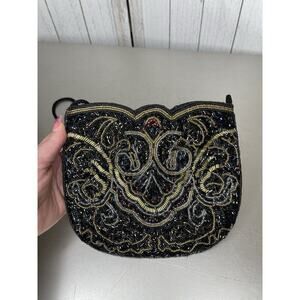 Vintage Robinsons Small Fully Beaded Evening Bag Gold Silver Bronze Black